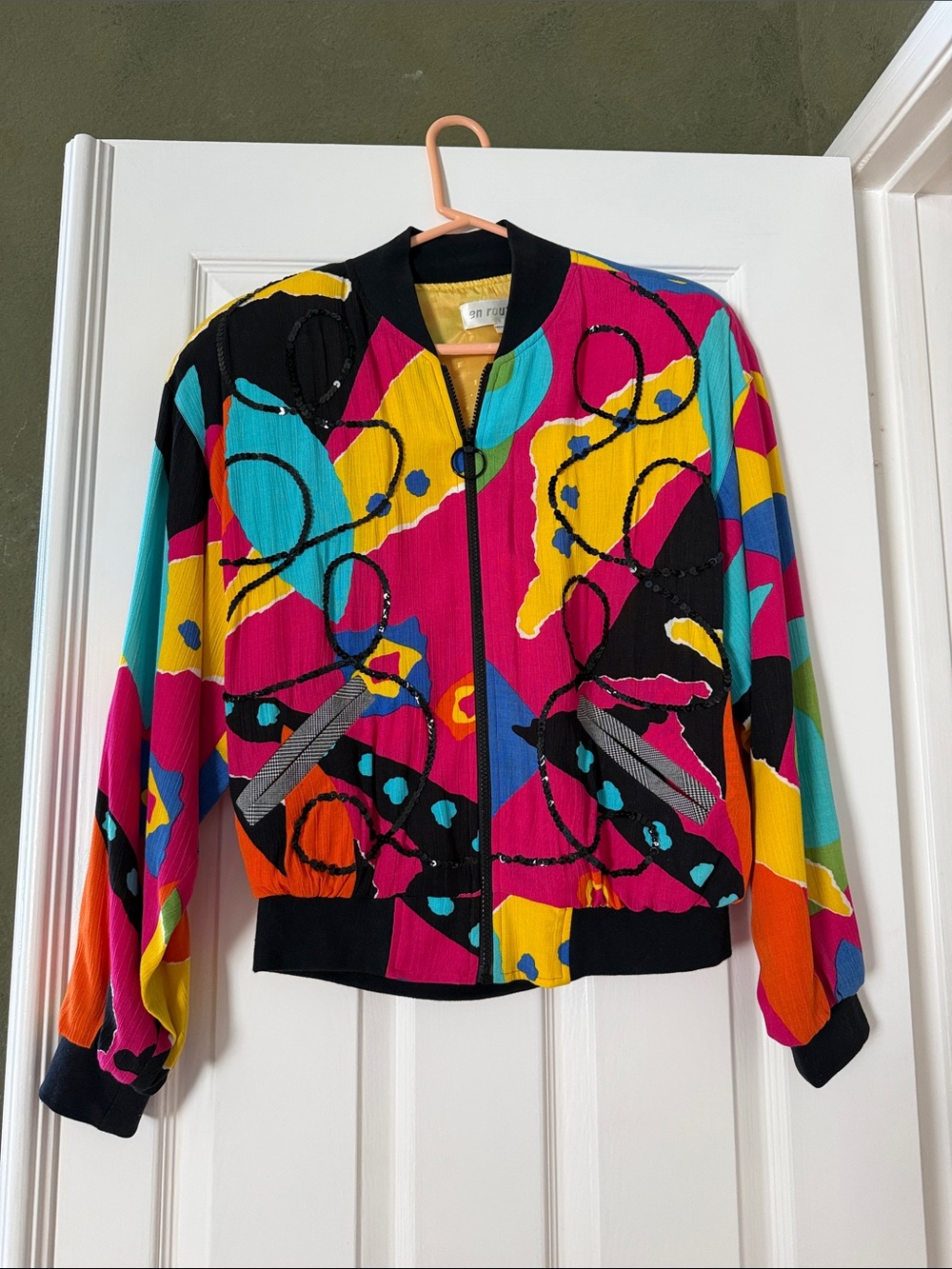 Colorful Abstract Print Sequin Bomber Jacket - Women's